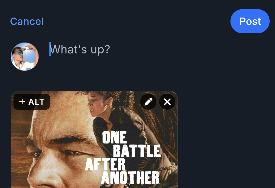 The Bluesky apps post-compose screen, showing only the image being prefilled.