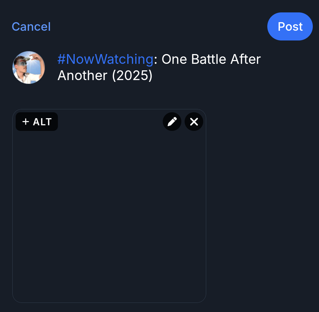 The Bluesky apps post compose screen with the text prefilled and an empty image.